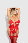 Cecily Lace & Chain Gartered Teddy- Available in Red or Black