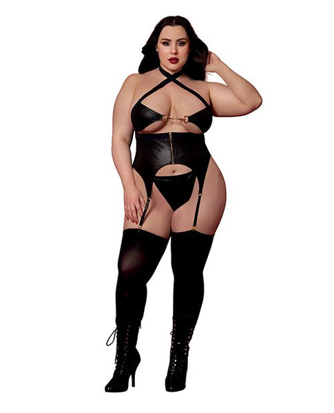 Faux Leather Bustier w/Gold Details & G-String 2 pc Set - Black