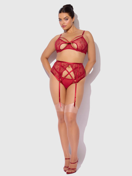 Rosalie Embroidered Lace Open-Cup Bra, Garter & G-String Set- Available in Red or Black