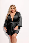 Helena Satin & Lace Back Short Robe- Black