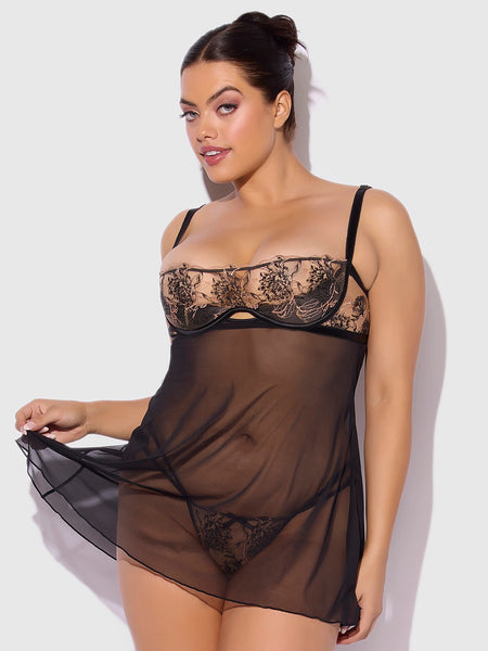 Delilah Embroidered & Mesh Monowire Babydoll Set