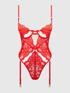 Cecily Lace & Chain Gartered Teddy- Available in Red or Black