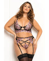 Floral Lace and Mesh Long Line Underwire Bra w/Garter & G-String