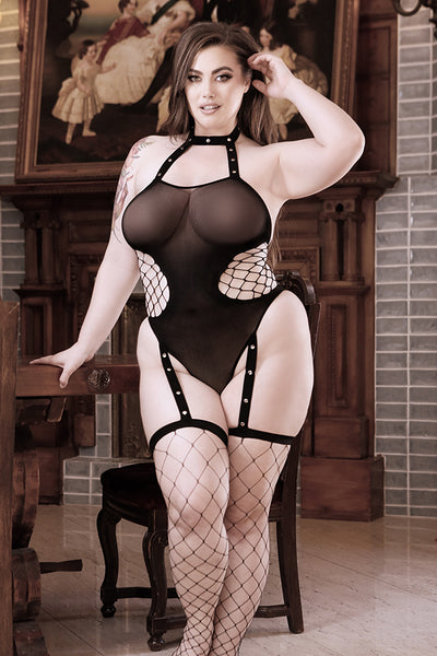 Save Your Tears FISHNET Teddy with Attached Stockings Queen